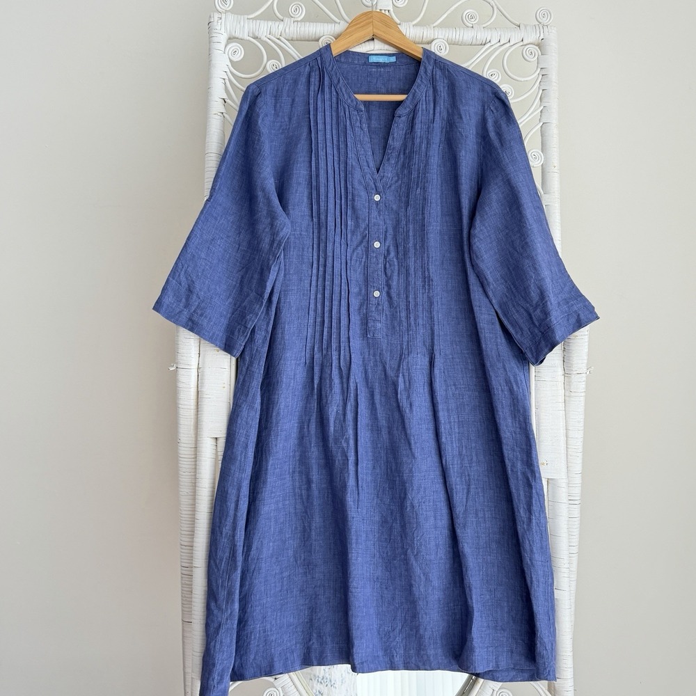 J. McLaughlin Riviera Linen Dress XL Blue Pintuck Button Front Roll Tab Sleeves